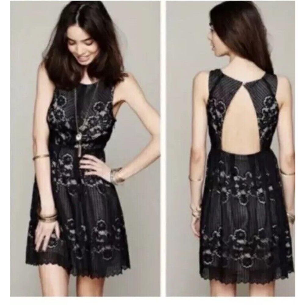 Free People Rocco Dress Black Lace Overlay Sleeveless Open Back Sz 4 Mini Sheer - Picture 2 of 13